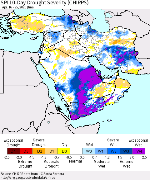 Middle East and Turkey SPI 10-Day Drought Severity (CHIRPS) Thematic Map For 4/16/2020 - 4/25/2020
