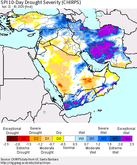 Middle East and Turkey SPI 10-Day Drought Severity (CHIRPS) Thematic Map For 4/21/2020 - 4/30/2020