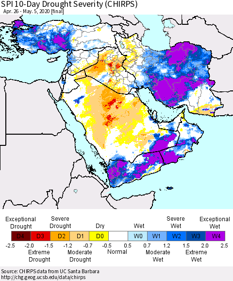 Middle East and Turkey SPI 10-Day Drought Severity (CHIRPS) Thematic Map For 4/26/2020 - 5/5/2020