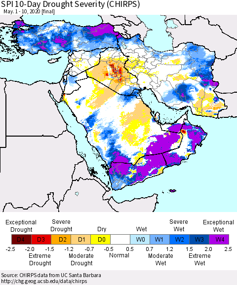 Middle East and Turkey SPI 10-Day Drought Severity (CHIRPS) Thematic Map For 5/1/2020 - 5/10/2020