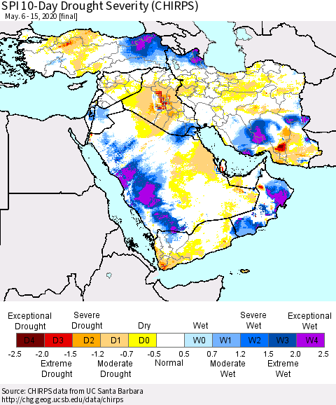 Middle East and Turkey SPI 10-Day Drought Severity (CHIRPS) Thematic Map For 5/6/2020 - 5/15/2020