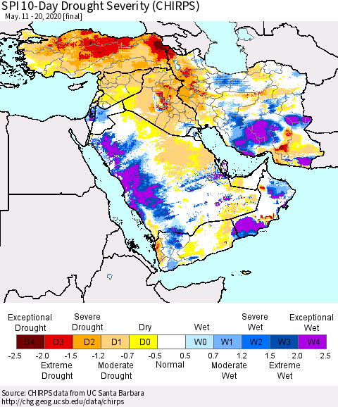 Middle East and Turkey SPI 10-Day Drought Severity (CHIRPS) Thematic Map For 5/11/2020 - 5/20/2020