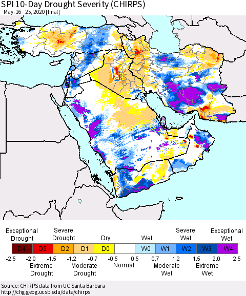Middle East and Turkey SPI 10-Day Drought Severity (CHIRPS) Thematic Map For 5/16/2020 - 5/25/2020
