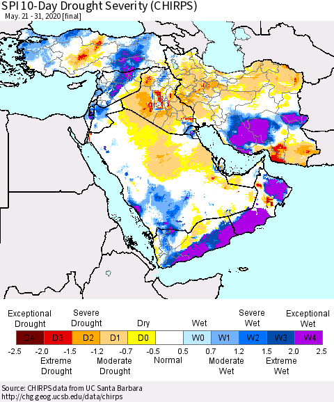 Middle East and Turkey SPI 10-Day Drought Severity (CHIRPS) Thematic Map For 5/21/2020 - 5/31/2020