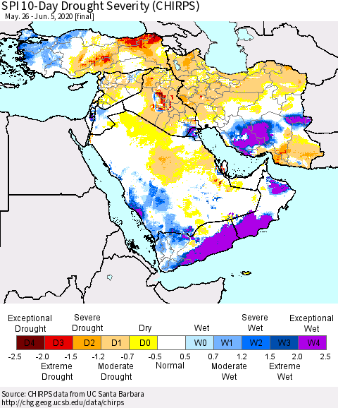 Middle East and Turkey SPI 10-Day Drought Severity (CHIRPS) Thematic Map For 5/26/2020 - 6/5/2020