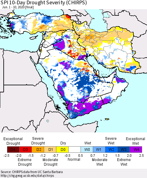 Middle East and Turkey SPI 10-Day Drought Severity (CHIRPS) Thematic Map For 6/1/2020 - 6/10/2020