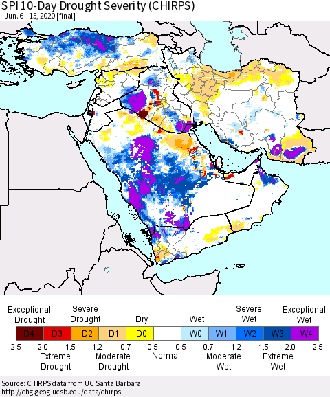 Middle East and Turkey SPI 10-Day Drought Severity (CHIRPS) Thematic Map For 6/6/2020 - 6/15/2020
