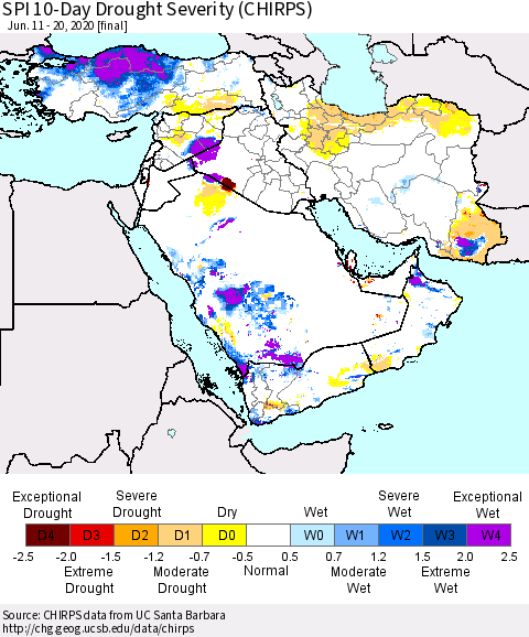 Middle East and Turkey SPI 10-Day Drought Severity (CHIRPS) Thematic Map For 6/11/2020 - 6/20/2020