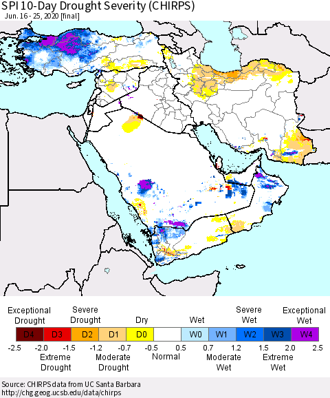 Middle East and Turkey SPI 10-Day Drought Severity (CHIRPS) Thematic Map For 6/16/2020 - 6/25/2020
