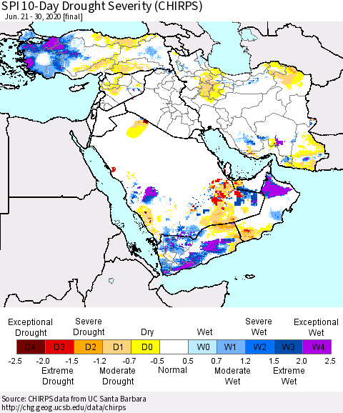 Middle East and Turkey SPI 10-Day Drought Severity (CHIRPS) Thematic Map For 6/21/2020 - 6/30/2020
