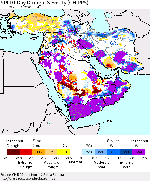 Middle East and Turkey SPI 10-Day Drought Severity (CHIRPS) Thematic Map For 6/26/2020 - 7/5/2020