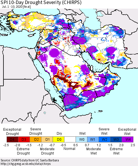 Middle East and Turkey SPI 10-Day Drought Severity (CHIRPS) Thematic Map For 7/1/2020 - 7/10/2020