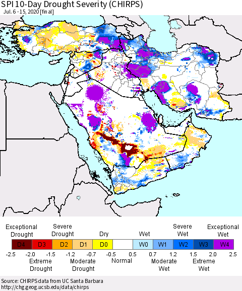 Middle East and Turkey SPI 10-Day Drought Severity (CHIRPS) Thematic Map For 7/6/2020 - 7/15/2020