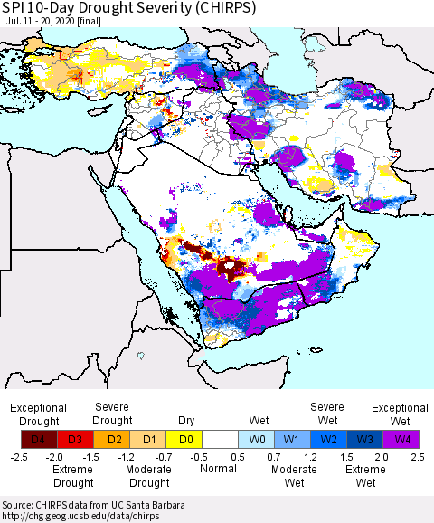 Middle East and Turkey SPI 10-Day Drought Severity (CHIRPS) Thematic Map For 7/11/2020 - 7/20/2020