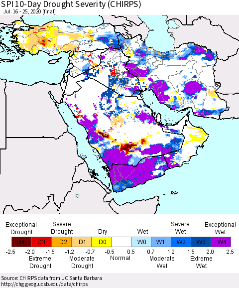 Middle East and Turkey SPI 10-Day Drought Severity (CHIRPS) Thematic Map For 7/16/2020 - 7/25/2020