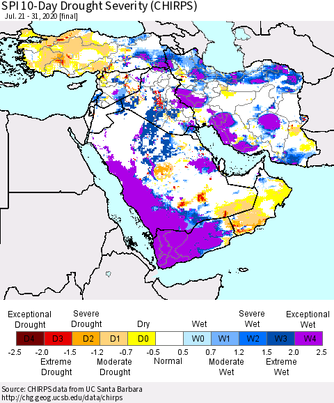 Middle East and Turkey SPI 10-Day Drought Severity (CHIRPS) Thematic Map For 7/21/2020 - 7/31/2020