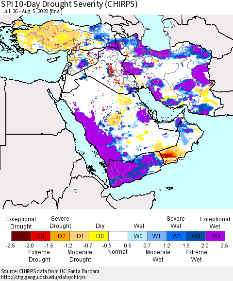 Middle East and Turkey SPI 10-Day Drought Severity (CHIRPS) Thematic Map For 7/26/2020 - 8/5/2020