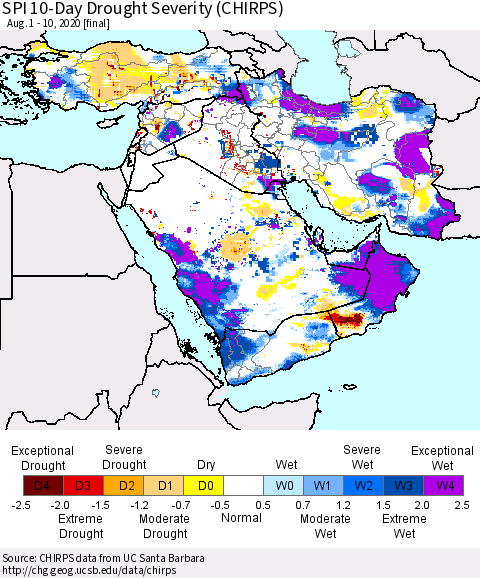 Middle East and Turkey SPI 10-Day Drought Severity (CHIRPS) Thematic Map For 8/1/2020 - 8/10/2020