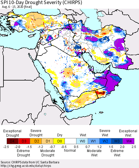 Middle East and Turkey SPI 10-Day Drought Severity (CHIRPS) Thematic Map For 8/6/2020 - 8/15/2020