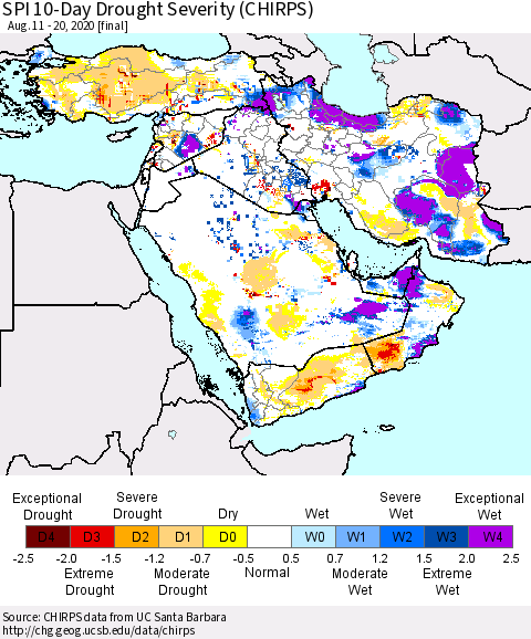 Middle East and Turkey SPI 10-Day Drought Severity (CHIRPS) Thematic Map For 8/11/2020 - 8/20/2020