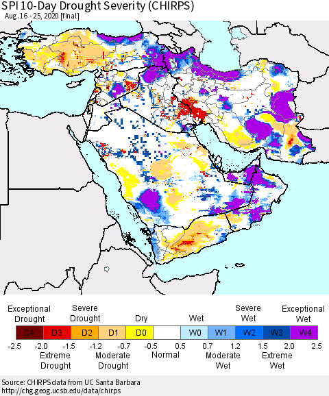 Middle East and Turkey SPI 10-Day Drought Severity (CHIRPS) Thematic Map For 8/16/2020 - 8/25/2020