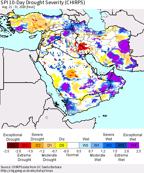 Middle East and Turkey SPI 10-Day Drought Severity (CHIRPS) Thematic Map For 8/21/2020 - 8/31/2020