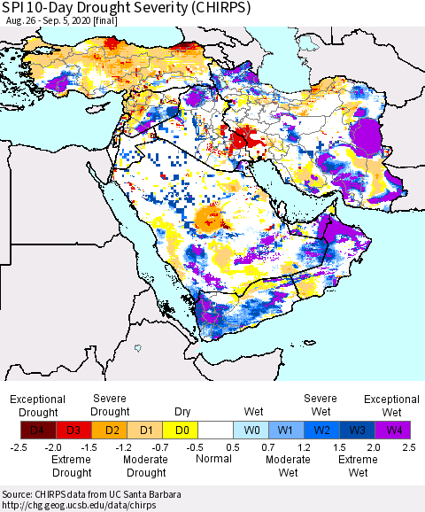 Middle East and Turkey SPI 10-Day Drought Severity (CHIRPS) Thematic Map For 8/26/2020 - 9/5/2020