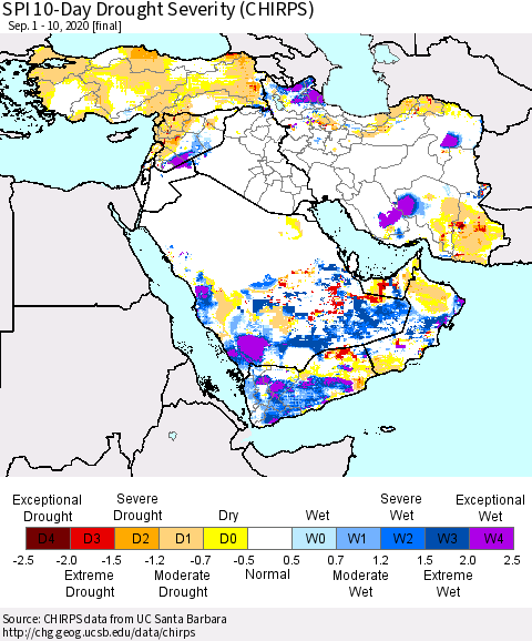 Middle East and Turkey SPI 10-Day Drought Severity (CHIRPS) Thematic Map For 9/1/2020 - 9/10/2020