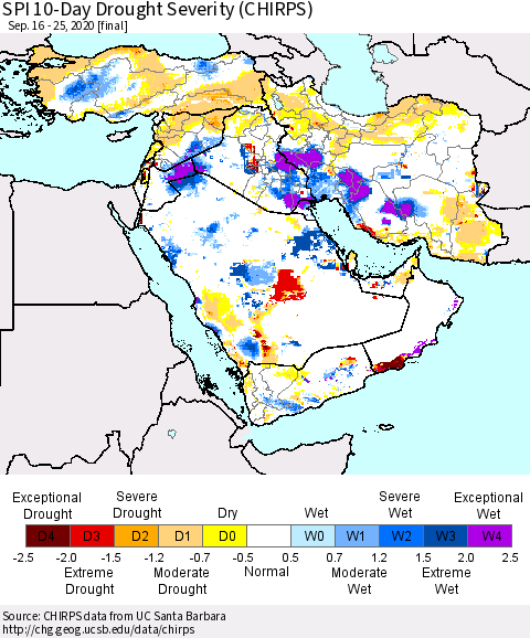 Middle East and Turkey SPI 10-Day Drought Severity (CHIRPS) Thematic Map For 9/16/2020 - 9/25/2020