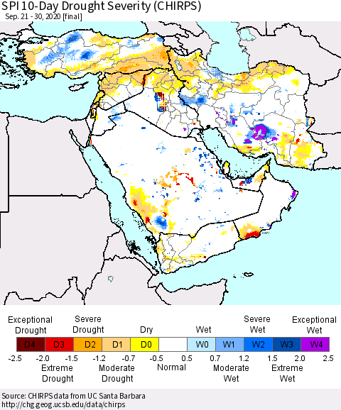 Middle East and Turkey SPI 10-Day Drought Severity (CHIRPS) Thematic Map For 9/21/2020 - 9/30/2020