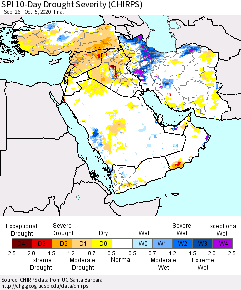 Middle East and Turkey SPI 10-Day Drought Severity (CHIRPS) Thematic Map For 9/26/2020 - 10/5/2020