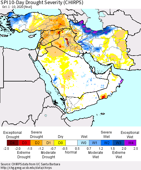 Middle East and Turkey SPI 10-Day Drought Severity (CHIRPS) Thematic Map For 10/1/2020 - 10/10/2020