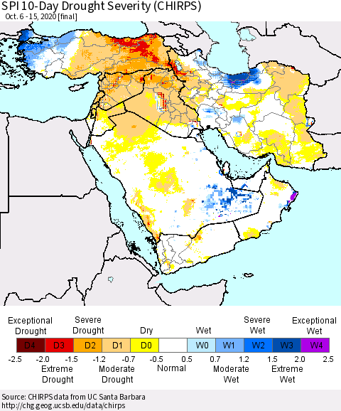 Middle East and Turkey SPI 10-Day Drought Severity (CHIRPS) Thematic Map For 10/6/2020 - 10/15/2020