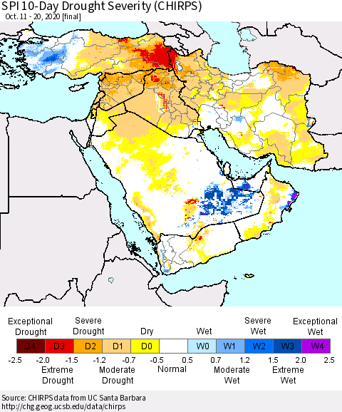 Middle East and Turkey SPI 10-Day Drought Severity (CHIRPS) Thematic Map For 10/11/2020 - 10/20/2020
