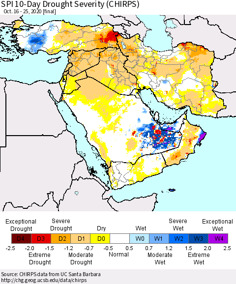 Middle East and Turkey SPI 10-Day Drought Severity (CHIRPS) Thematic Map For 10/16/2020 - 10/25/2020