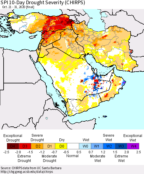 Middle East and Turkey SPI 10-Day Drought Severity (CHIRPS) Thematic Map For 10/21/2020 - 10/31/2020