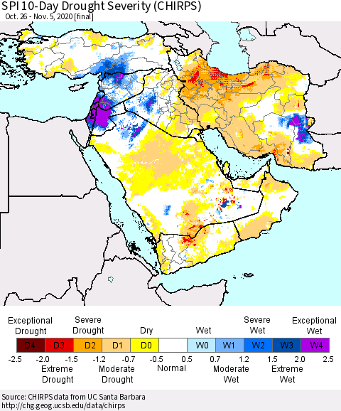 Middle East and Turkey SPI 10-Day Drought Severity (CHIRPS) Thematic Map For 10/26/2020 - 11/5/2020