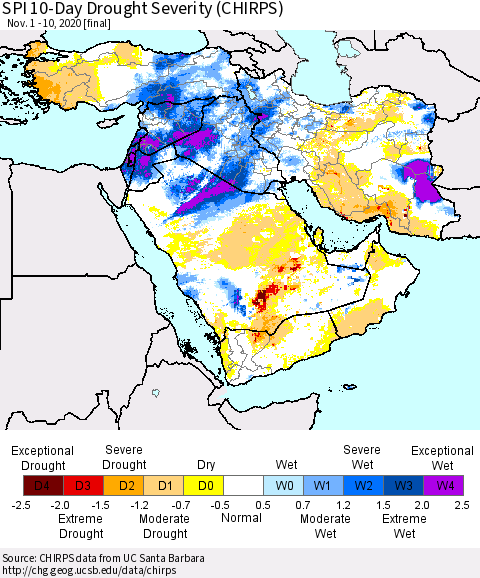 Middle East and Turkey SPI 10-Day Drought Severity (CHIRPS) Thematic Map For 11/1/2020 - 11/10/2020