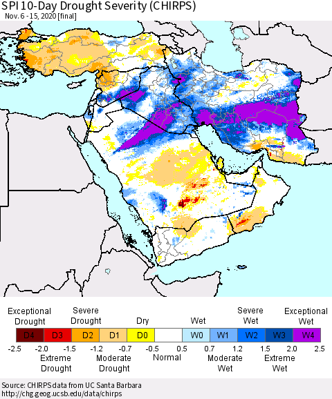 Middle East and Turkey SPI 10-Day Drought Severity (CHIRPS) Thematic Map For 11/6/2020 - 11/15/2020
