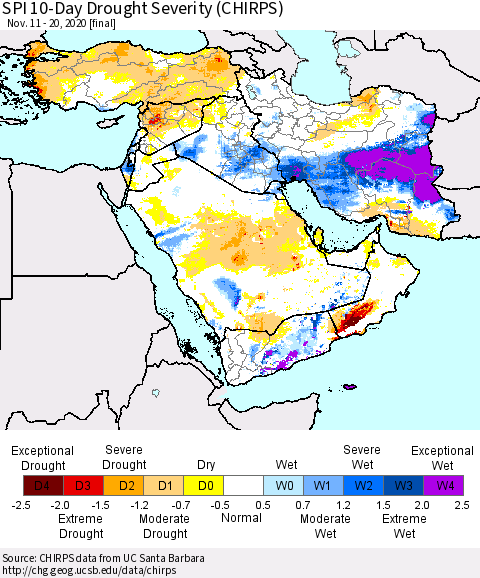 Middle East and Turkey SPI 10-Day Drought Severity (CHIRPS) Thematic Map For 11/11/2020 - 11/20/2020