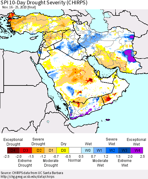 Middle East and Turkey SPI 10-Day Drought Severity (CHIRPS) Thematic Map For 11/16/2020 - 11/25/2020