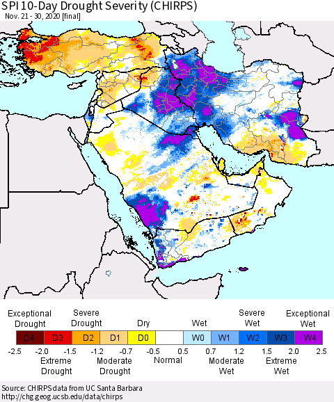 Middle East and Turkey SPI 10-Day Drought Severity (CHIRPS) Thematic Map For 11/21/2020 - 11/30/2020