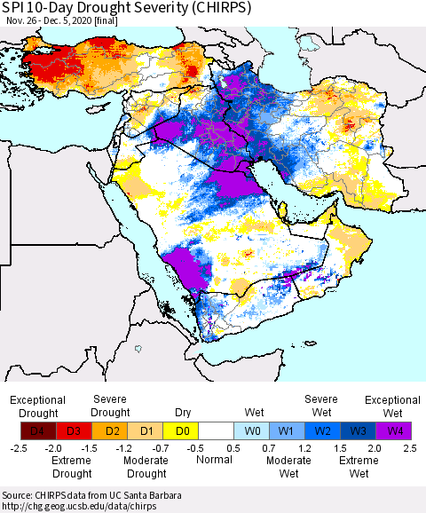 Middle East and Turkey SPI 10-Day Drought Severity (CHIRPS) Thematic Map For 11/26/2020 - 12/5/2020