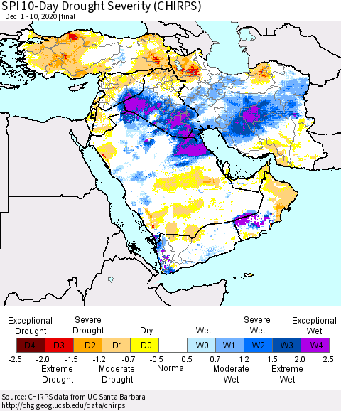Middle East and Turkey SPI 10-Day Drought Severity (CHIRPS) Thematic Map For 12/1/2020 - 12/10/2020