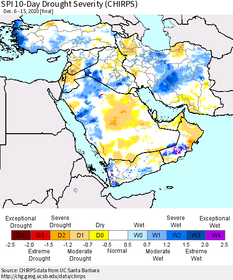 Middle East and Turkey SPI 10-Day Drought Severity (CHIRPS) Thematic Map For 12/6/2020 - 12/15/2020