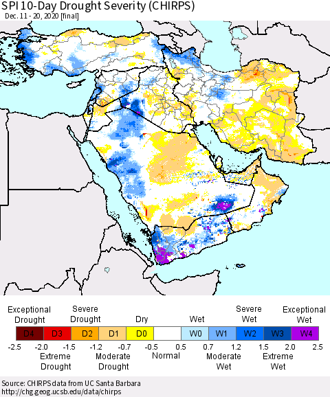 Middle East and Turkey SPI 10-Day Drought Severity (CHIRPS) Thematic Map For 12/11/2020 - 12/20/2020