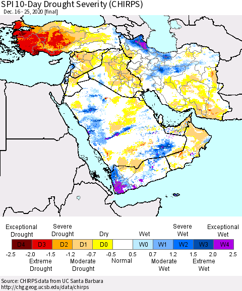 Middle East and Turkey SPI 10-Day Drought Severity (CHIRPS) Thematic Map For 12/16/2020 - 12/25/2020