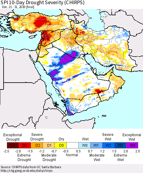 Middle East and Turkey SPI 10-Day Drought Severity (CHIRPS) Thematic Map For 12/21/2020 - 12/31/2020