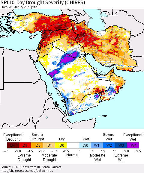 Middle East and Turkey SPI 10-Day Drought Severity (CHIRPS) Thematic Map For 12/26/2020 - 1/5/2021