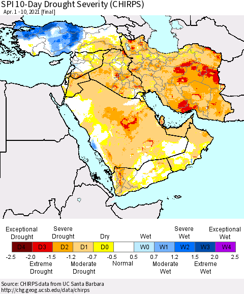 Middle East and Turkey SPI 10-Day Drought Severity (CHIRPS) Thematic Map For 4/1/2021 - 4/10/2021